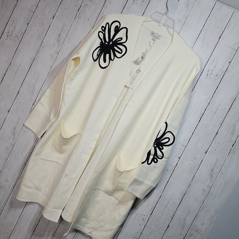 NWT Cato Collection Limited Edition Cream Long Cardigan Black Flowers Size 2X. - Picture 2 of 10